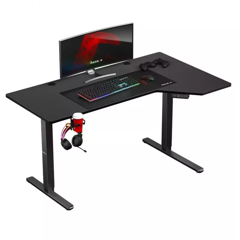 Spēļu galds huzaro Hero 9.1 Melns — L formas MDF virsma, USB-C uzlāde, LED vadība, regulējams augstums 72–118 cm