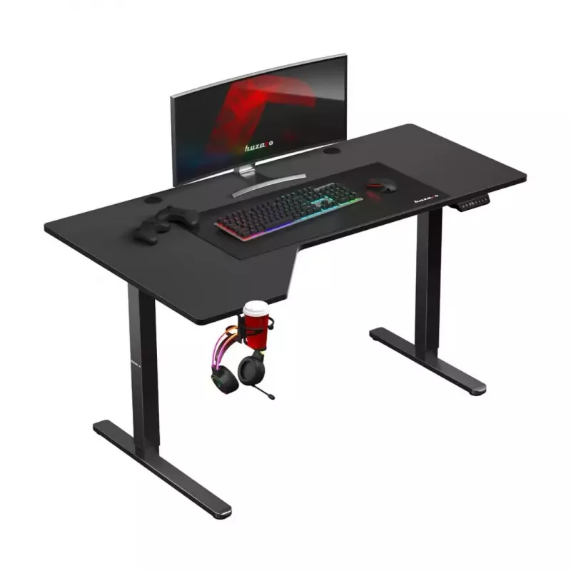 Spēļu galds huzaro Hero 9.1 Melns — L formas MDF virsma, USB-C uzlāde, LED vadība, regulējams augstums 72–118 cm