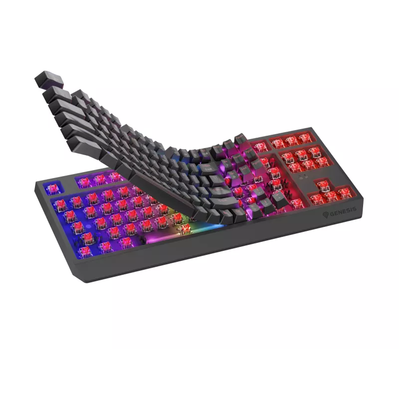 Mehāniskā spēļu tastatūra bez ciparu bloka GENESIS Thor 230 TKL — USB, RF bezvadu, Bluetooth, 87 taustiņu QWERTY, pelēka