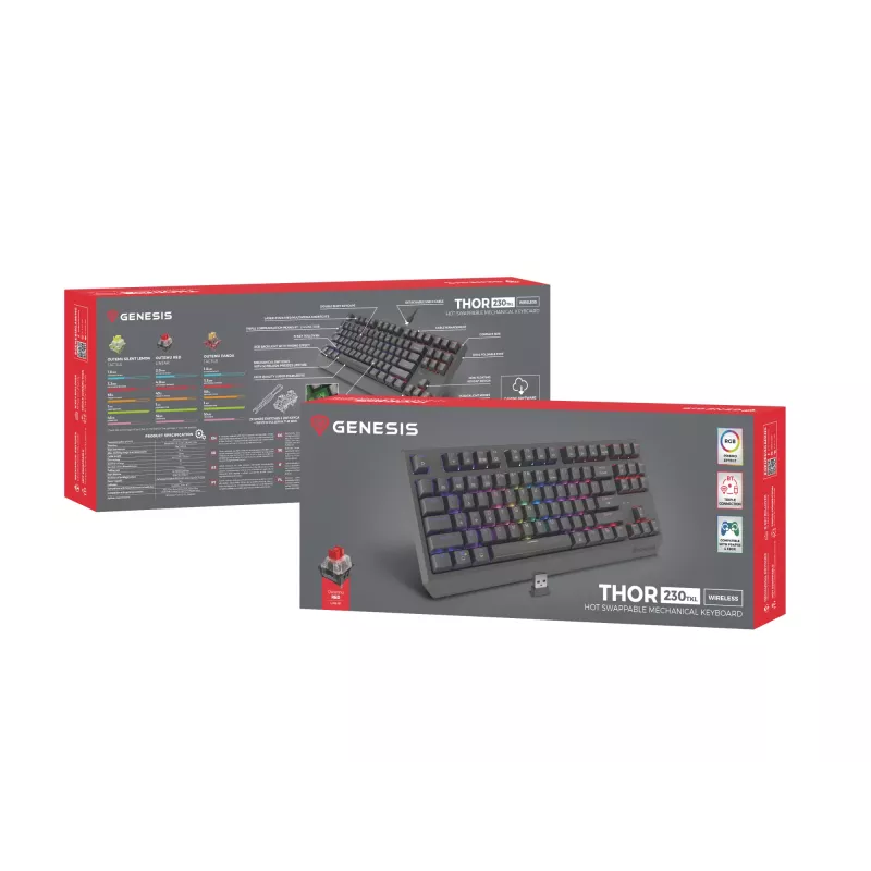 Mehāniskā spēļu tastatūra bez ciparu bloka GENESIS Thor 230 TKL — USB, RF bezvadu, Bluetooth, 87 taustiņu QWERTY, pelēka