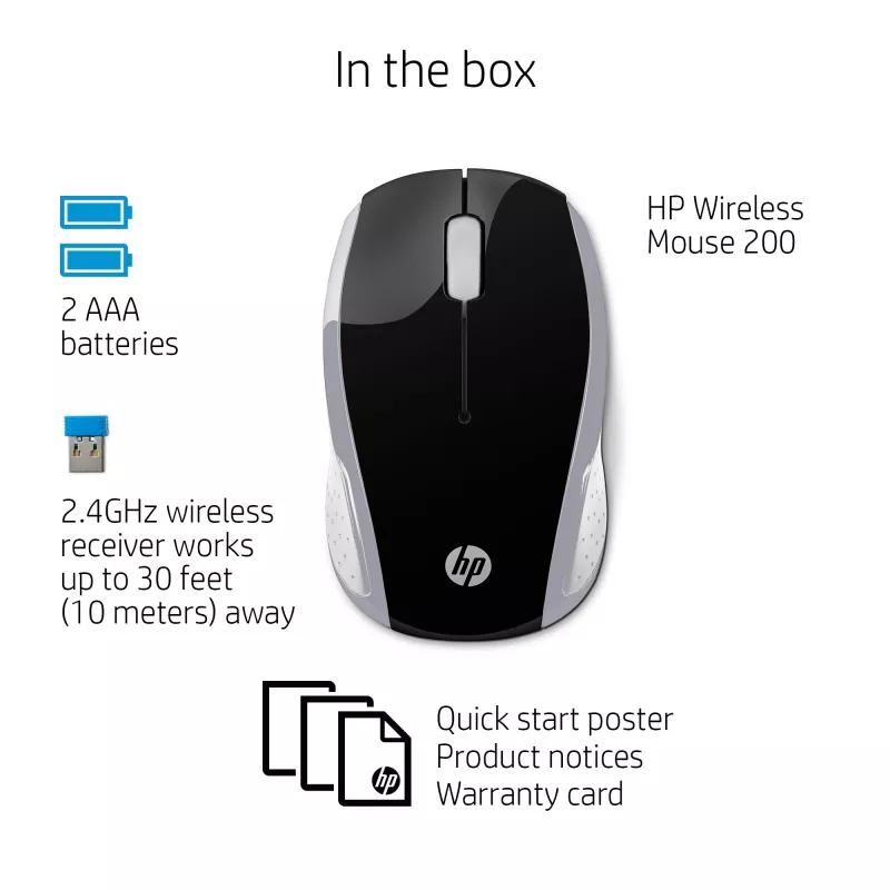 HP Wireless pele 200 (Pike Silver), piemērota abām rokām, optiskā, RF bezvadu, 1000 DPI, sudraba