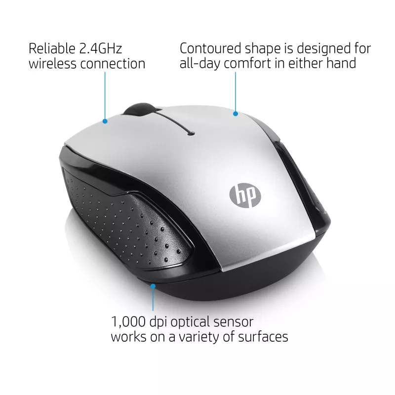 HP Wireless pele 200 (Pike Silver), piemērota abām rokām, optiskā, RF bezvadu, 1000 DPI, sudraba