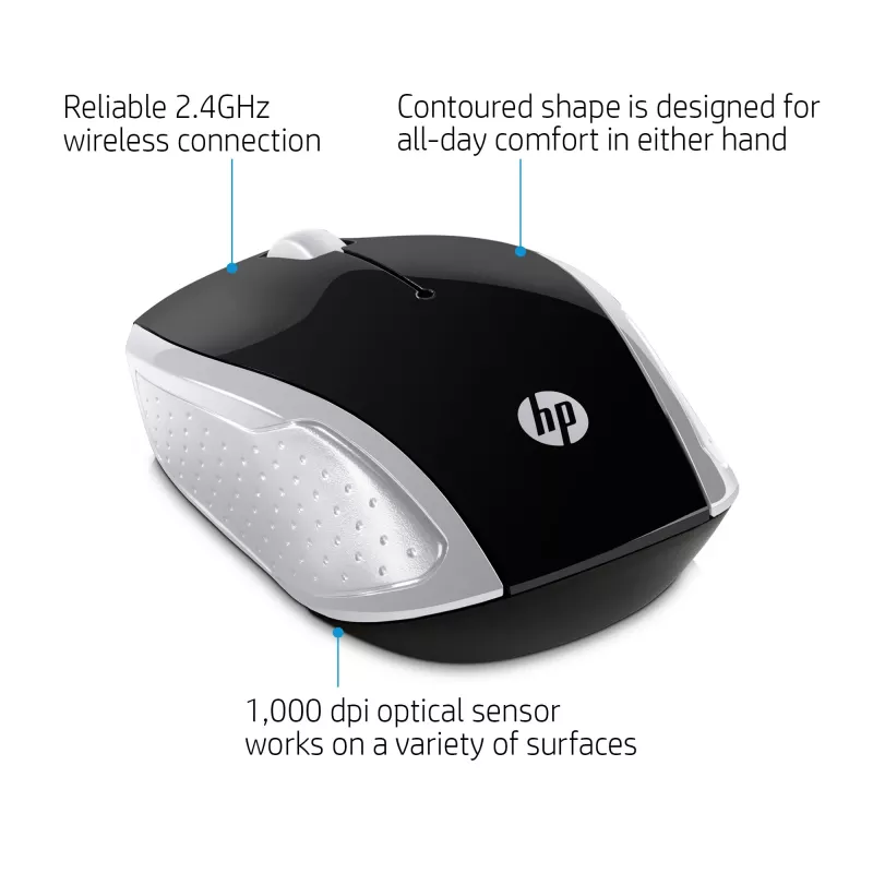 HP Wireless pele 200 (Pike Silver), piemērota abām rokām, optiskā, RF bezvadu, 1000 DPI, sudraba