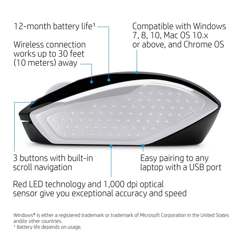 HP Wireless pele 200 (Pike Silver), piemērota abām rokām, optiskā, RF bezvadu, 1000 DPI, sudraba