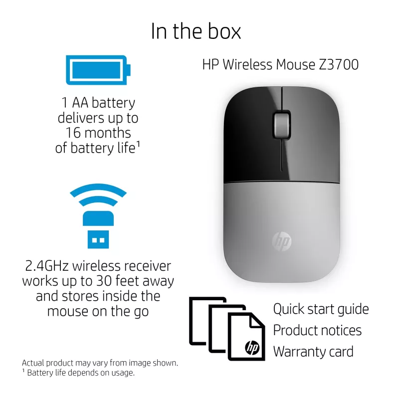 HP Z3700 Sudraba Bezvadu Pele, Piemērota Abām Rokām, Optiskā, RF Bezvadu, 1200 DPI, Sudraba