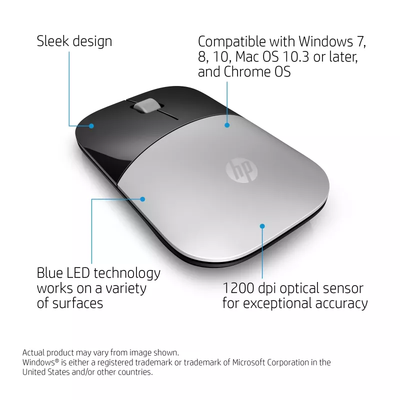 HP Z3700 Sudraba Bezvadu Pele, Piemērota Abām Rokām, Optiskā, RF Bezvadu, 1200 DPI, Sudraba