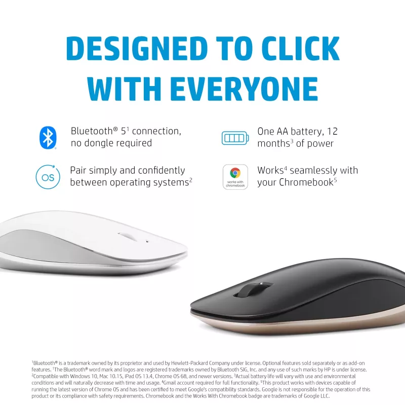 HP 410 plāns Silver Bluetooth pele, piemērota abām rokām, Bluetooth, 2000 DPI, sudraba