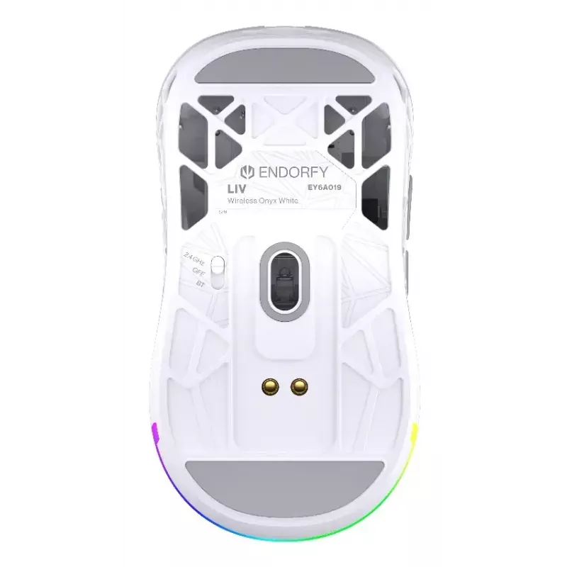 Bezvadu spēļu pele ENDORFY LIV Onyx balta — Bluetooth/2,4 GHz, 12000 DPI, piemērota abām rokām, aRGB apgaismojums, 6 pogas, USB-A/USB-C kabelis