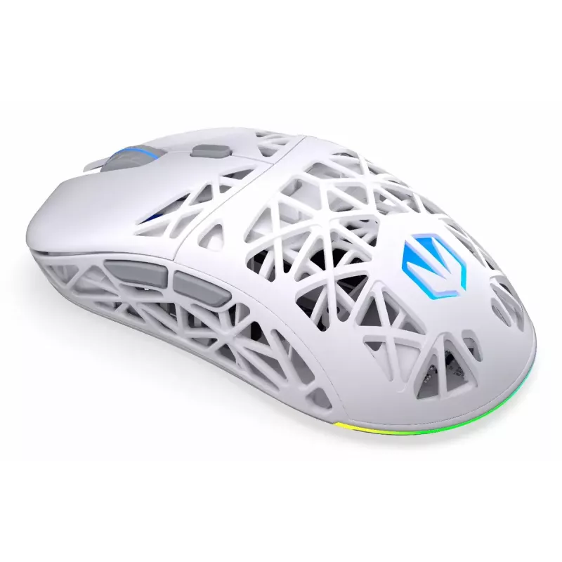 Bezvadu spēļu pele ENDORFY LIV Onyx balta — Bluetooth/2,4 GHz, 12000 DPI, piemērota abām rokām, aRGB apgaismojums, 6 pogas, USB-A/USB-C kabelis