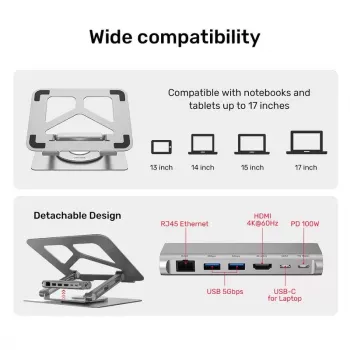 Laptop statīvs Unitek D1109A — alumīnija regulējams statīvs ar USB-C centrmezglu, HDMI, Gigabit Ethernet (piemērots 14 collu–17 collu ierīcēm)