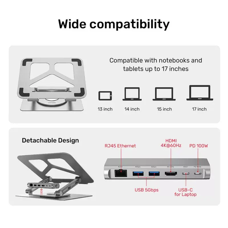Laptop statīvs Unitek D1109A — alumīnija regulējams statīvs ar USB-C centrmezglu, HDMI, Gigabit Ethernet (piemērots 14 collu–17 collu ierīcēm)