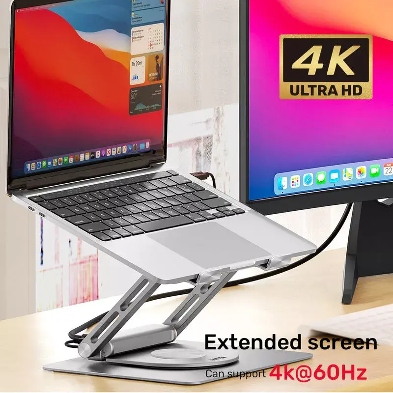 Laptop statīvs Unitek D1109A — alumīnija regulējams statīvs ar USB-C centrmezglu, HDMI, Gigabit Ethernet (piemērots 14 collu–17 collu ierīcēm)