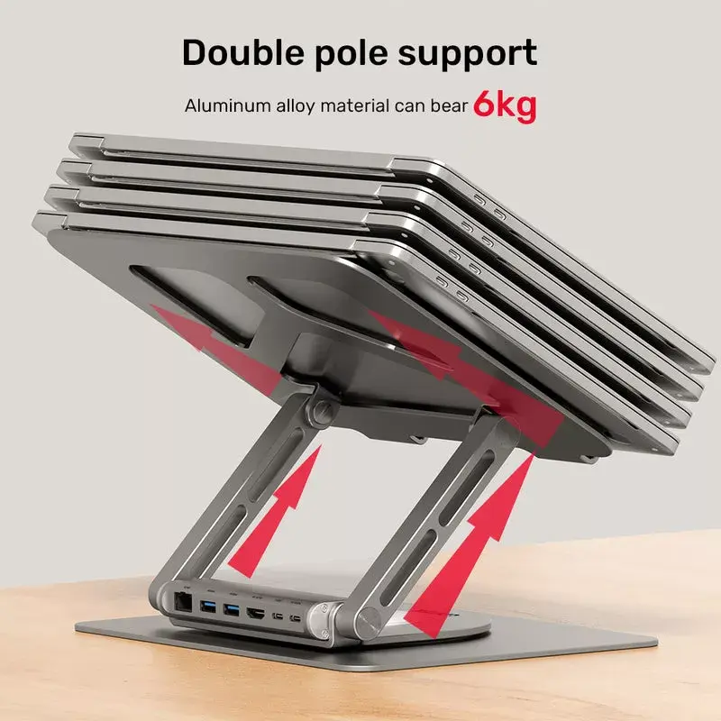 Laptop statīvs Unitek D1109A — alumīnija regulējams statīvs ar USB-C centrmezglu, HDMI, Gigabit Ethernet (piemērots 14 collu–17 collu ierīcēm)