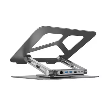 Laptop statīvs Unitek D1109A — alumīnija regulējams statīvs ar USB-C centrmezglu, HDMI, Gigabit Ethernet (piemērots 14 collu–17 collu ierīcēm)