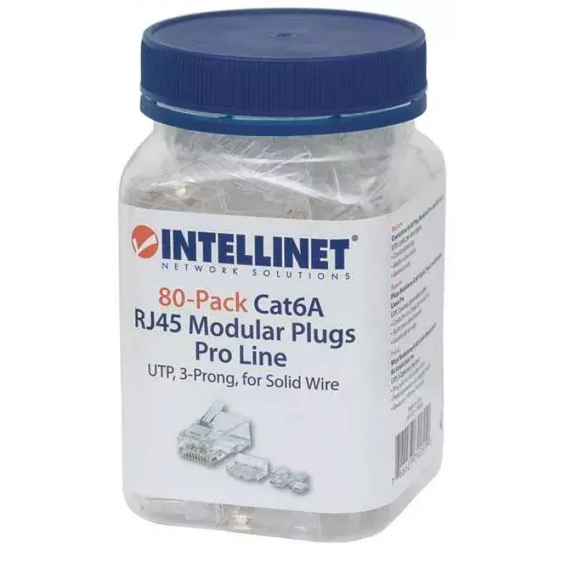 Intellinet RJ45 Modular Plugs Pro Line, Cat6A, UTP, 3-zaru, cietam vadam, 50 µ zelta pārklājuma kontakti, 80 gab. iepakojumā