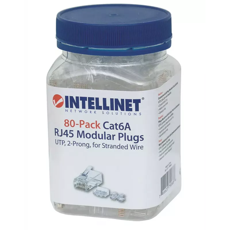 Intellinet RJ45 moduļu spraudņi, Cat6A, UTP, 2-zaru, vītajam vadam, 15 µ apzeltīti kontakti, 80 gab.