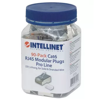 Intellinet RJ45 Modular Plugs Pro Line, Cat6, STP, 3-zaru, cietiem un vijumvadiem, 50 µ zelta pārklājuma kontakti, 90 gab. iepakojumā