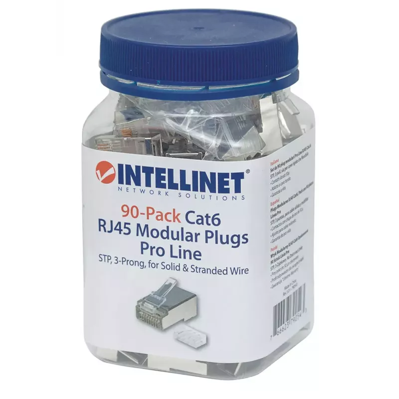 Intellinet RJ45 Modular Plugs Pro Line, Cat6, STP, 3-zaru, cietiem un vijumvadiem, 50 µ zelta pārklājuma kontakti, 90 gab. iepakojumā