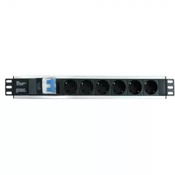 Techly I-CASE STRIP-16SH strāvas sadales iekārta (PDU) 6 maiņstrāvas kontaktligzdas 1.5U Melns, Sudraba