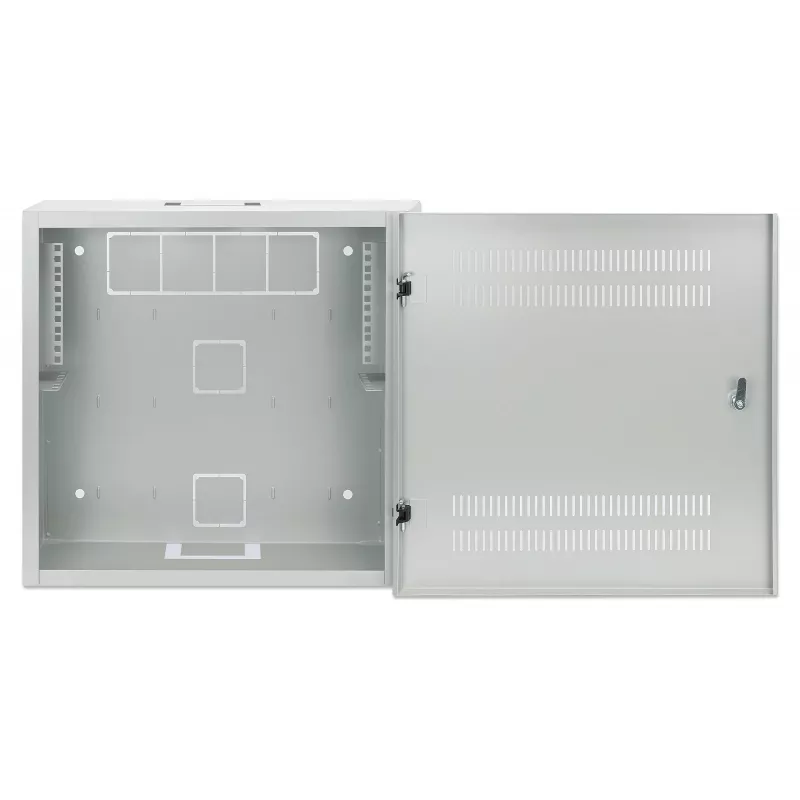 Intellinet Low-Profile 19 collu sienas skapis ar 4U horizontālajām un 2U vertikālajām sliedēm, plāns, vietu taupošs korpuss ar tikai 170 mm dziļumu, ideāli piemērots AV, multivides un novērošanas lietojumiem, samontēts, pelēks RAL 7035