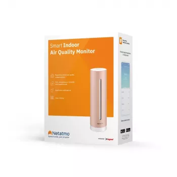 Iekštelpu gaisa kvalitātes monitors Netatmo Smart Indoor Air Quality Monitor — CO2 0–5000 ppm, temperatūra 0–50°C, troksnis, Wi‑Fi/Bluetooth, maiņstrāvas barošana, alumīnijs, rožu zelts