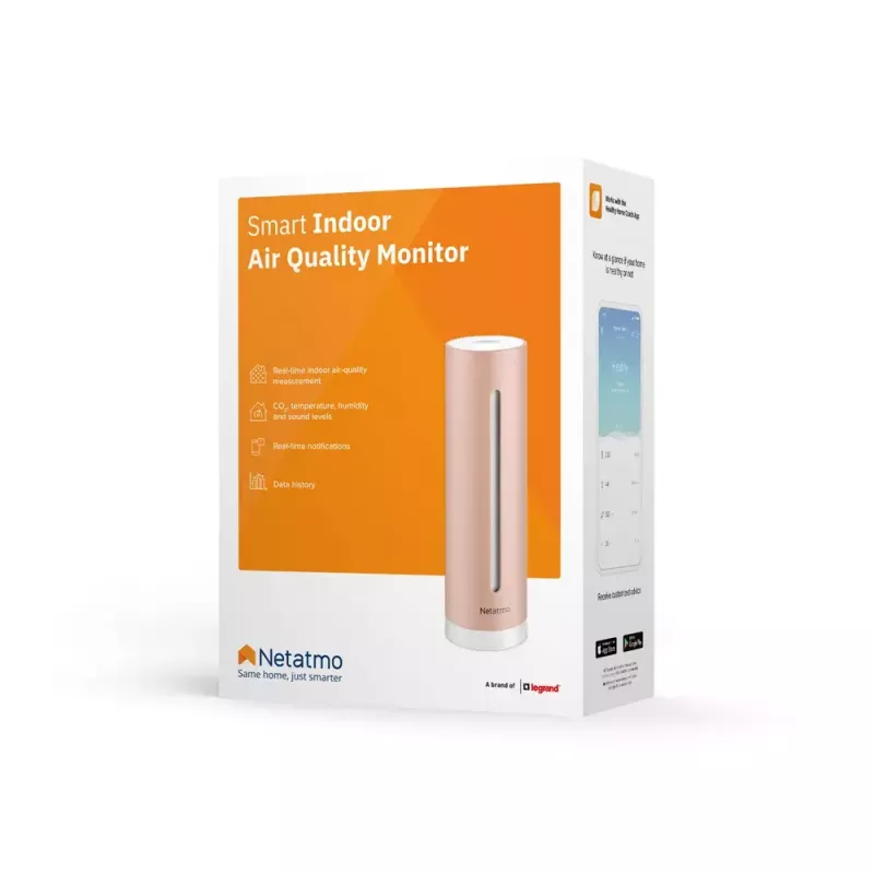 Iekštelpu gaisa kvalitātes monitors Netatmo Smart Indoor Air Quality Monitor — CO2 0–5000 ppm, temperatūra 0–50°C, troksnis, Wi‑Fi/Bluetooth, maiņstrāvas barošana, alumīnijs, rožu zelts