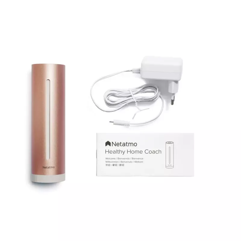 Iekštelpu gaisa kvalitātes monitors Netatmo Smart Indoor Air Quality Monitor — CO2 0–5000 ppm, temperatūra 0–50°C, troksnis, Wi‑Fi/Bluetooth, maiņstrāvas barošana, alumīnijs, rožu zelts