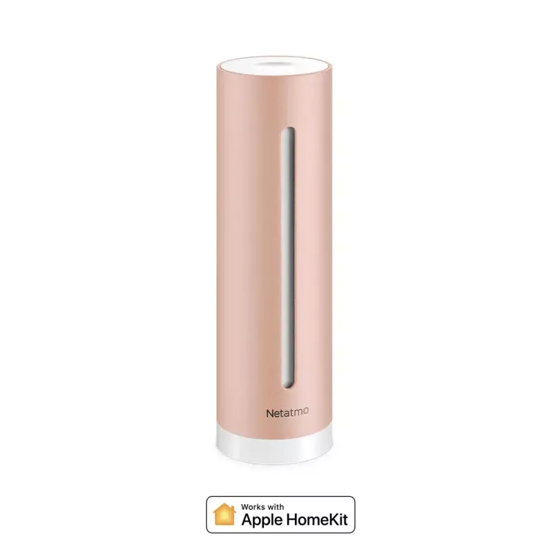 Iekštelpu gaisa kvalitātes monitors Netatmo Smart Indoor Air Quality Monitor — CO2 0–5000 ppm, temperatūra 0–50°C, troksnis, Wi‑Fi/Bluetooth, maiņstrāvas barošana, alumīnijs, rožu zelts