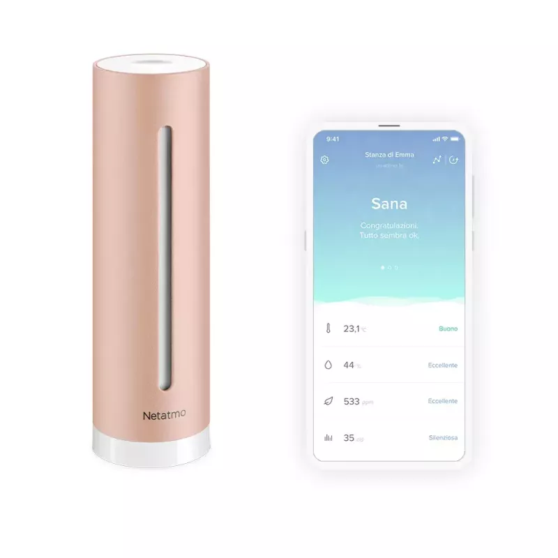 Iekštelpu gaisa kvalitātes monitors Netatmo Smart Indoor Air Quality Monitor — CO2 0–5000 ppm, temperatūra 0–50°C, troksnis, Wi‑Fi/Bluetooth, maiņstrāvas barošana, alumīnijs, rožu zelts