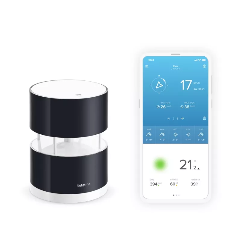 Netatmo Smart Anemometer, Vēja ātrums, Bezvadu, Wi-Fi, 0 - 45 m/s, 100 m, Melna, Caurspīdīga