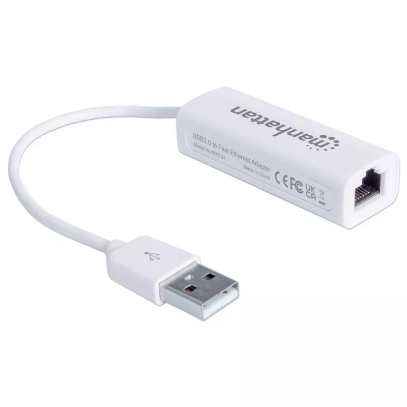 Manhattan USB-A ātrgaitas Ethernet adapteris, 10/100 Mb/s tīkla, 480 Mb/s (USB 2.0), ātrgaitas USB, RJ45, balts, trīs gadu garantija