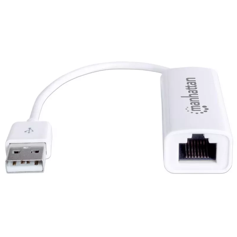 Manhattan USB-A ātrgaitas Ethernet adapteris, 10/100 Mb/s tīkla, 480 Mb/s (USB 2.0), ātrgaitas USB, RJ45, balts, trīs gadu garantija