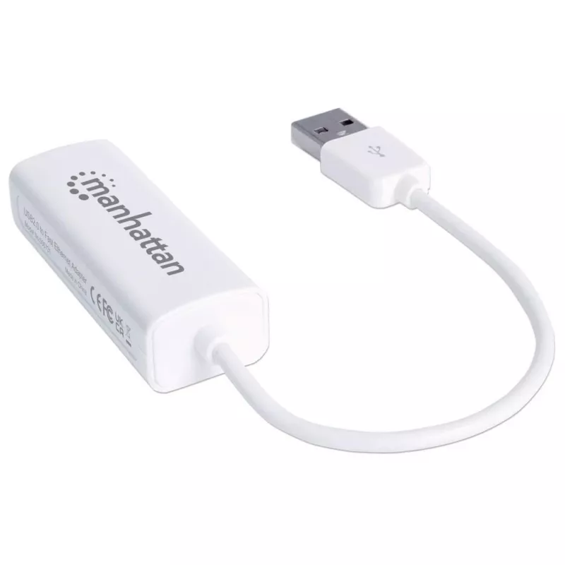 Manhattan USB-A ātrgaitas Ethernet adapteris, 10/100 Mb/s tīkla, 480 Mb/s (USB 2.0), ātrgaitas USB, RJ45, balts, trīs gadu garantija