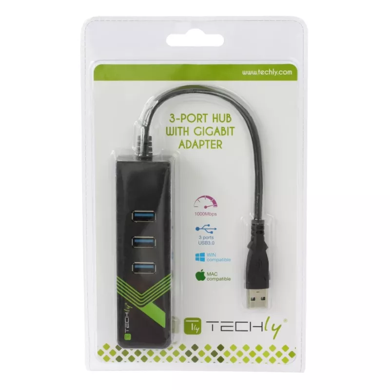 Techly IDATA USB-ETGIGA-3U2 klēpjdatora dokstacija/portu replikators USB 3.2 Gen 1 (3.1 Gen 1) Type-A Melns