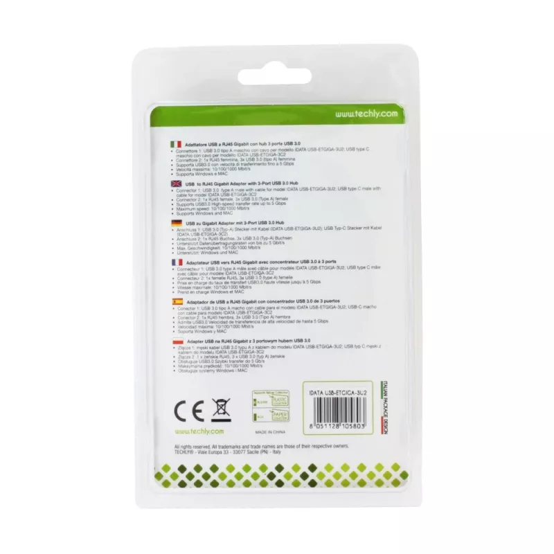 Techly IDATA USB-ETGIGA-3U2 klēpjdatora dokstacija/portu replikators USB 3.2 Gen 1 (3.1 Gen 1) Type-A Melns