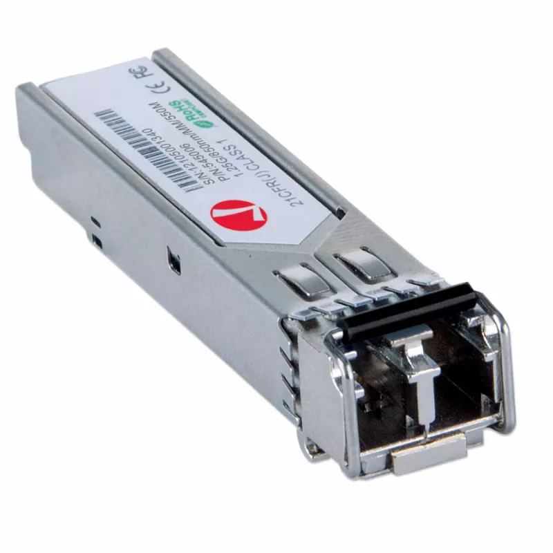 Intellinet raiduztvērēja modulis optiskais, gigabitu šķiedras SFP Mini-GBIC, 1000Base-Sx (LC) vairākmodu ports, 550 m, viļņu garums 850 nm, Ethernet, šķiedra, MSA saderīgs, ekvivalents Cisco GLC-SX-MM, trīs gadu garantija