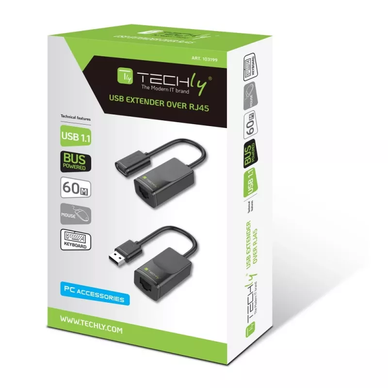 Techly IUSB-EXTENDTY2 kabeļa savienotāju adapteris RJ-45 USB 2.0 Type-A melns