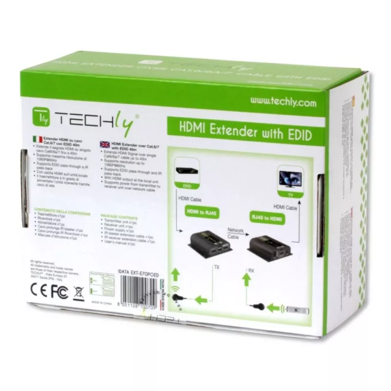 Techly IDATA EXT-E70POED AV paplašinātājs AV raidītājs un uztvērējs Melns
