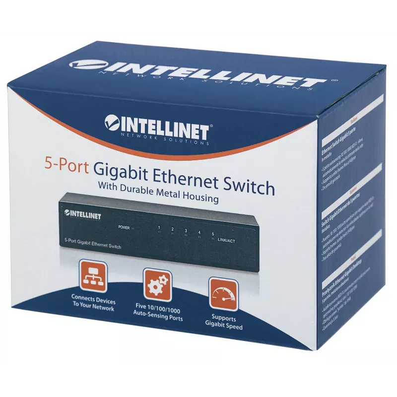Intellinet 5 portu Gigabit Ethernet komutators, galda izmēra, metāla korpuss, IEEE 802.3az (Energoefektīvs Ethernet)