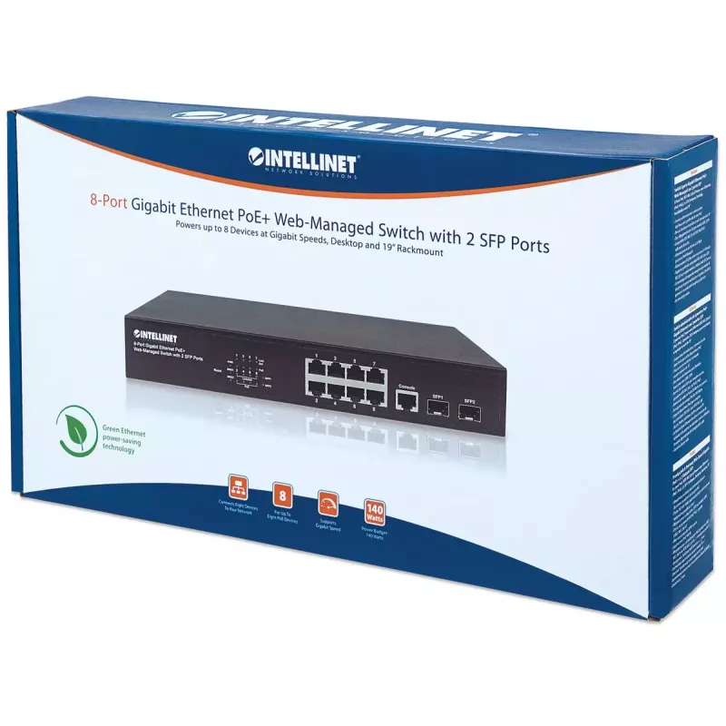 Pārvaldāms slēdzis Intellinet 8 pieslēgvietu Gigabit Ethernet PoE+ ar 2 SFP pieslēgvietām