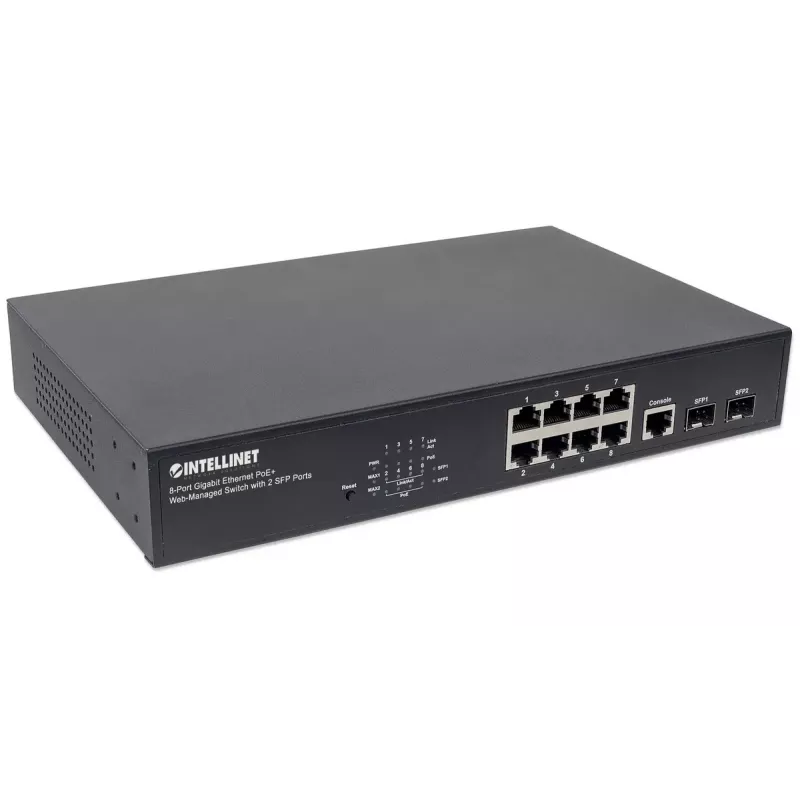 Pārvaldāms slēdzis Intellinet 8 pieslēgvietu Gigabit Ethernet PoE+ ar 2 SFP pieslēgvietām