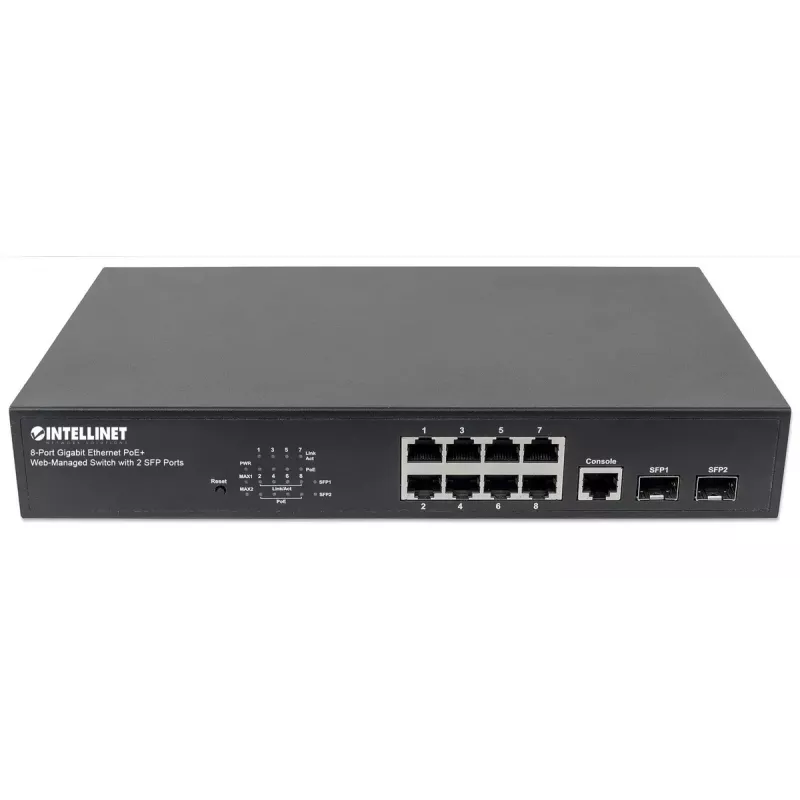Pārvaldāms slēdzis Intellinet 8 pieslēgvietu Gigabit Ethernet PoE+ ar 2 SFP pieslēgvietām