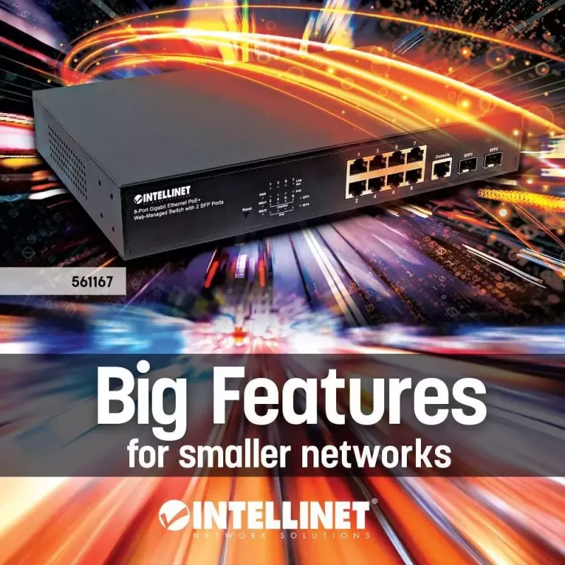 Pārvaldāms slēdzis Intellinet 8 pieslēgvietu Gigabit Ethernet PoE+ ar 2 SFP pieslēgvietām