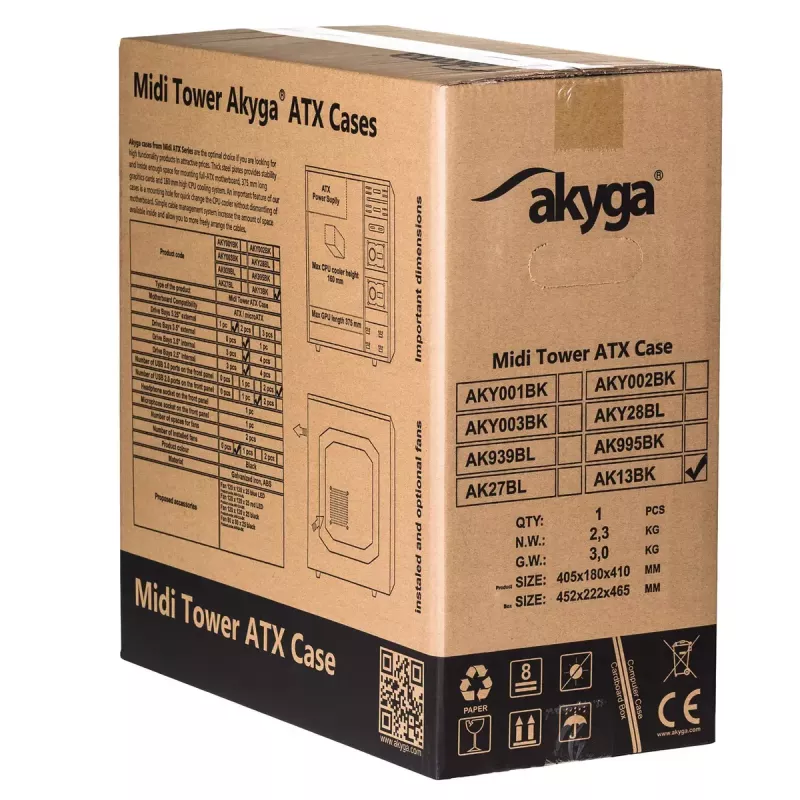 Datora korpuss Akyga AK13BK Micro Tower — ATX/Micro-ATX, 3×3,5 collu nodalījumi, 3×2,5 collu nodalījumi, augšējais barošanas bloks, USB 3.2 Gen1×2, maks. GPU 385 mm, melns