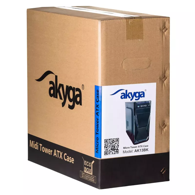 Datora korpuss Akyga AK13BK Micro Tower — ATX/Micro-ATX, 3×3,5 collu nodalījumi, 3×2,5 collu nodalījumi, augšējais barošanas bloks, USB 3.2 Gen1×2, maks. GPU 385 mm, melns