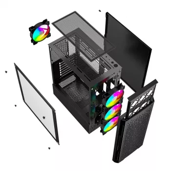 PC korpuss GEMBIRD Fornax 400X Midi Tower melns — ATX, rūdītais stikls, RGB ventilatori, 4x 2,5 collu nodalījumi, 2x USB 3.0