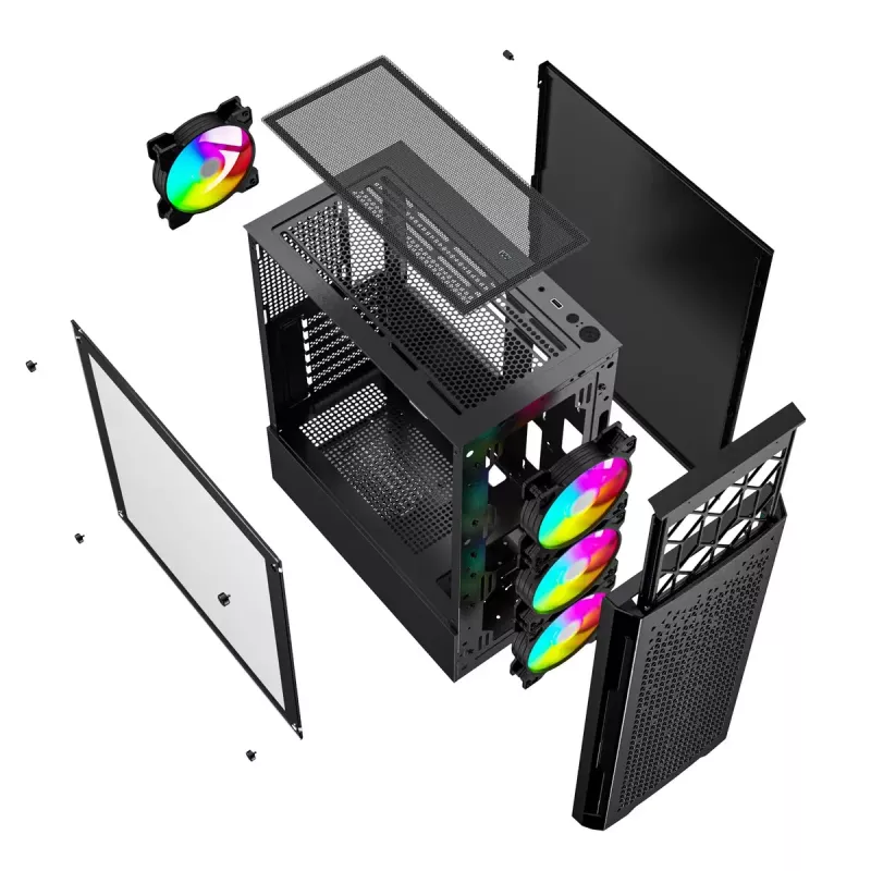 PC korpuss GEMBIRD Fornax 400X Midi Tower melns — ATX, rūdītais stikls, RGB ventilatori, 4x 2,5 collu nodalījumi, 2x USB 3.0