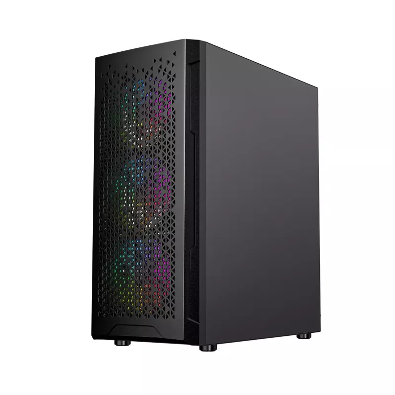 PC korpuss GEMBIRD Fornax 400X Midi Tower melns — ATX, rūdītais stikls, RGB ventilatori, 4x 2,5 collu nodalījumi, 2x USB 3.0