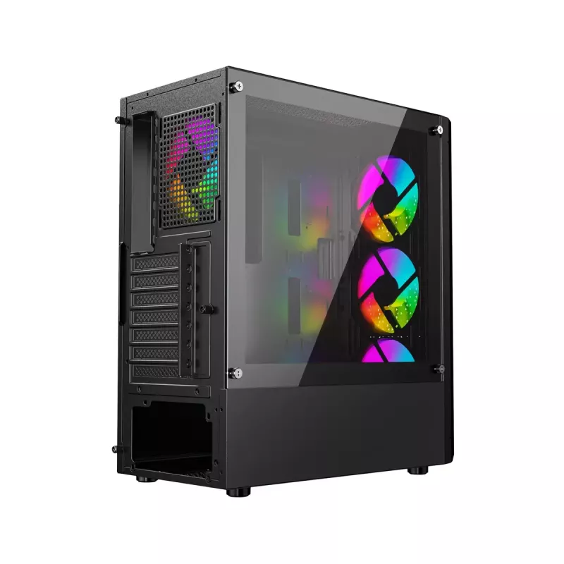 PC korpuss GEMBIRD Fornax 400X Midi Tower melns — ATX, rūdītais stikls, RGB ventilatori, 4x 2,5 collu nodalījumi, 2x USB 3.0