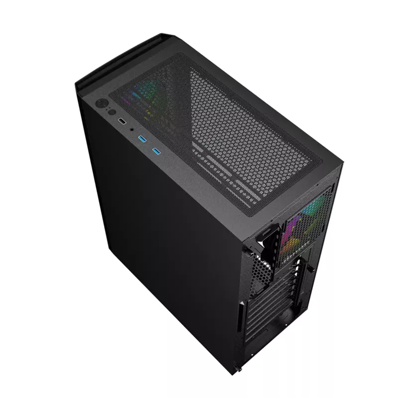 PC korpuss GEMBIRD Fornax 400X Midi Tower melns — ATX, rūdītais stikls, RGB ventilatori, 4x 2,5 collu nodalījumi, 2x USB 3.0